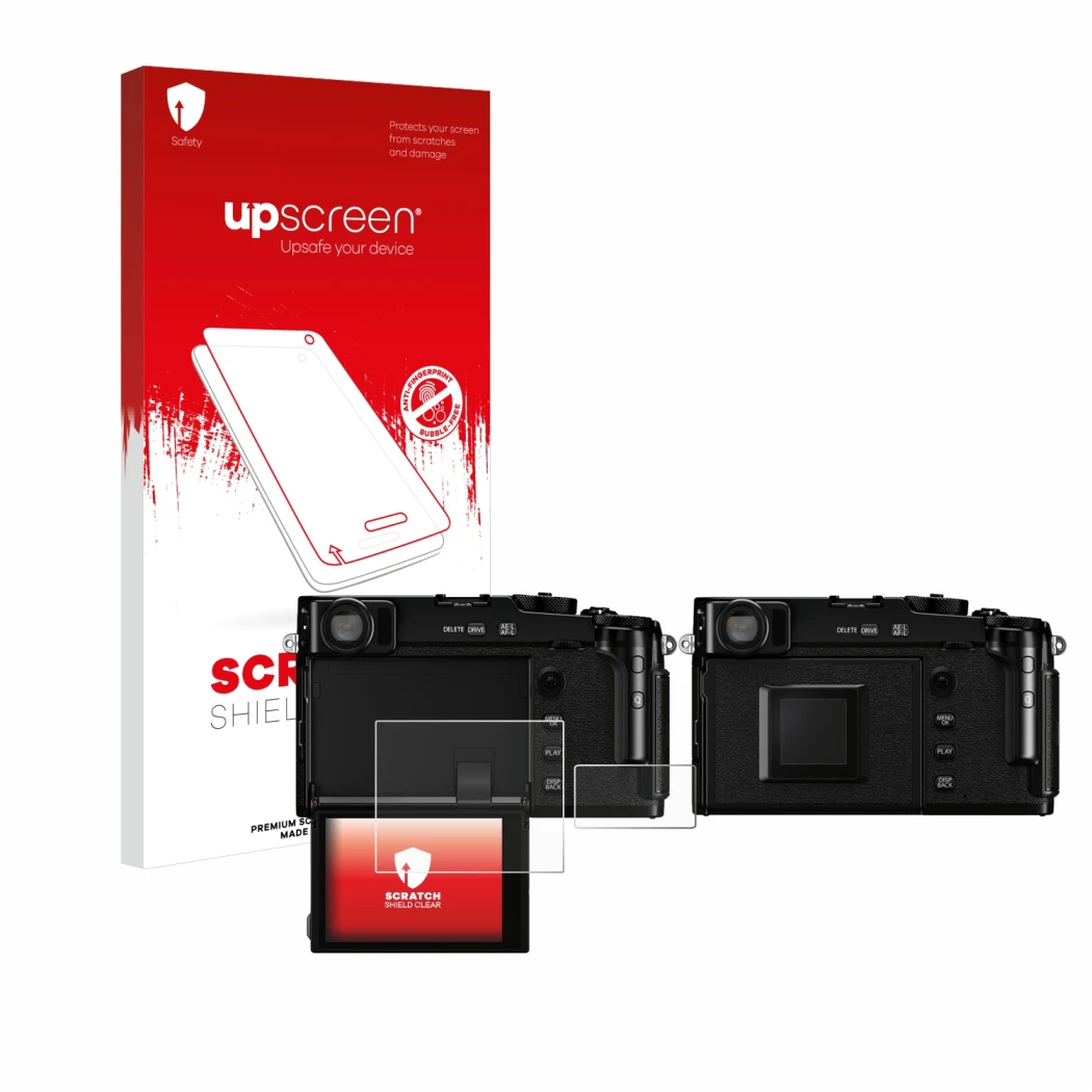 Parte frontale di una confezione del prodotto con il logo del marchio upscreen. Accanto è raffigurato il dispositivo Fujifilm