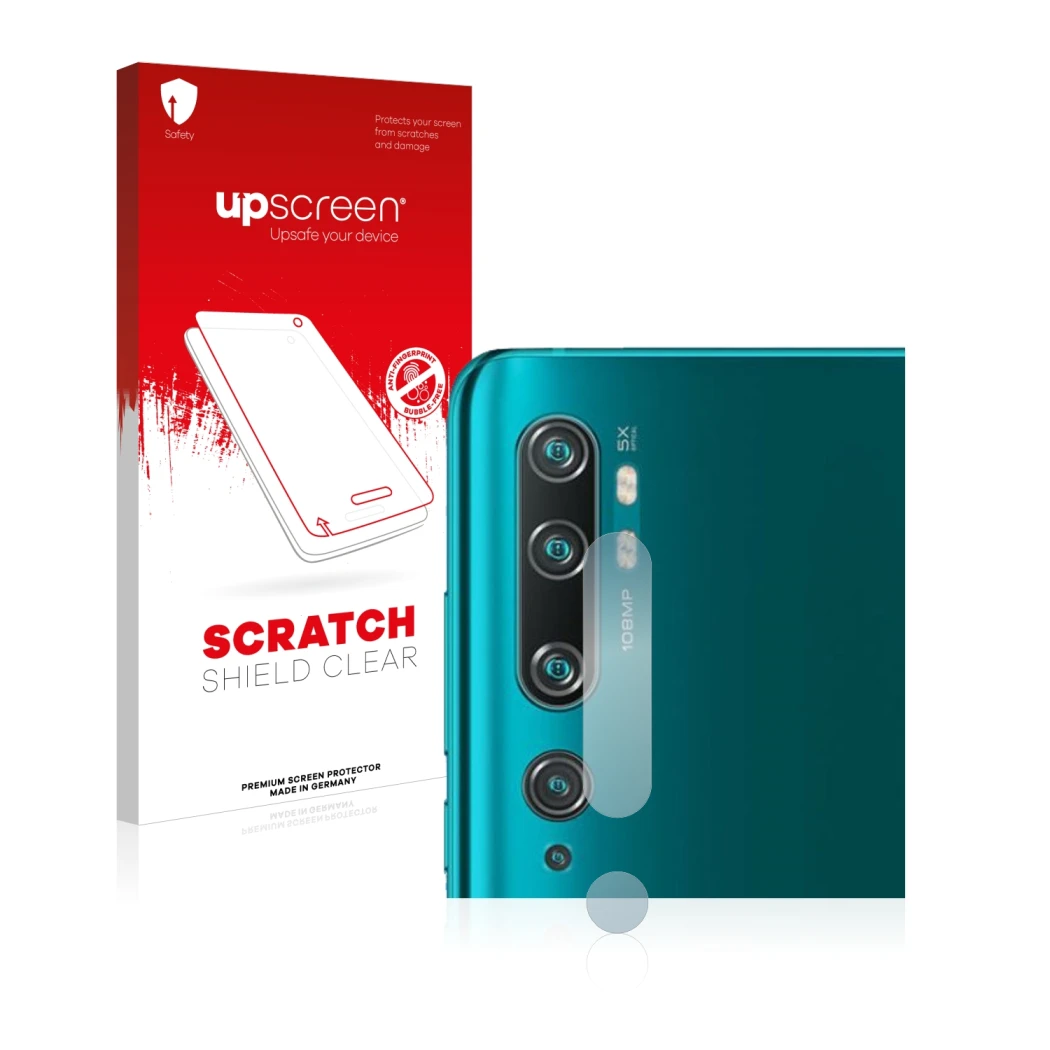 Parte frontale di una confezione del prodotto con il logo del marchio upscreen. Accanto è raffigurato il dispositivo Xiaomi Mi