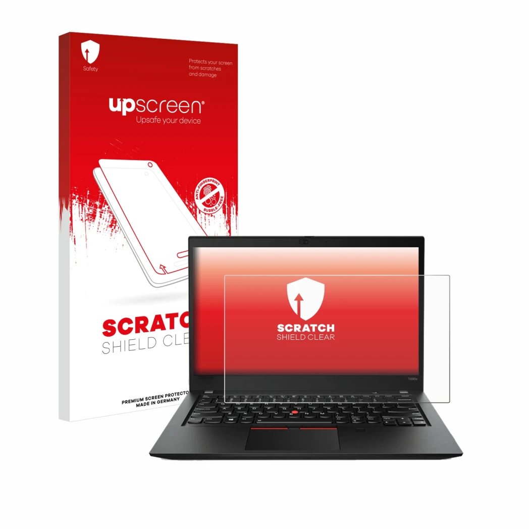 Parte frontale di una confezione del prodotto con il logo del marchio upscreen. Accanto è raffigurato il dispositivo Lenovo Th