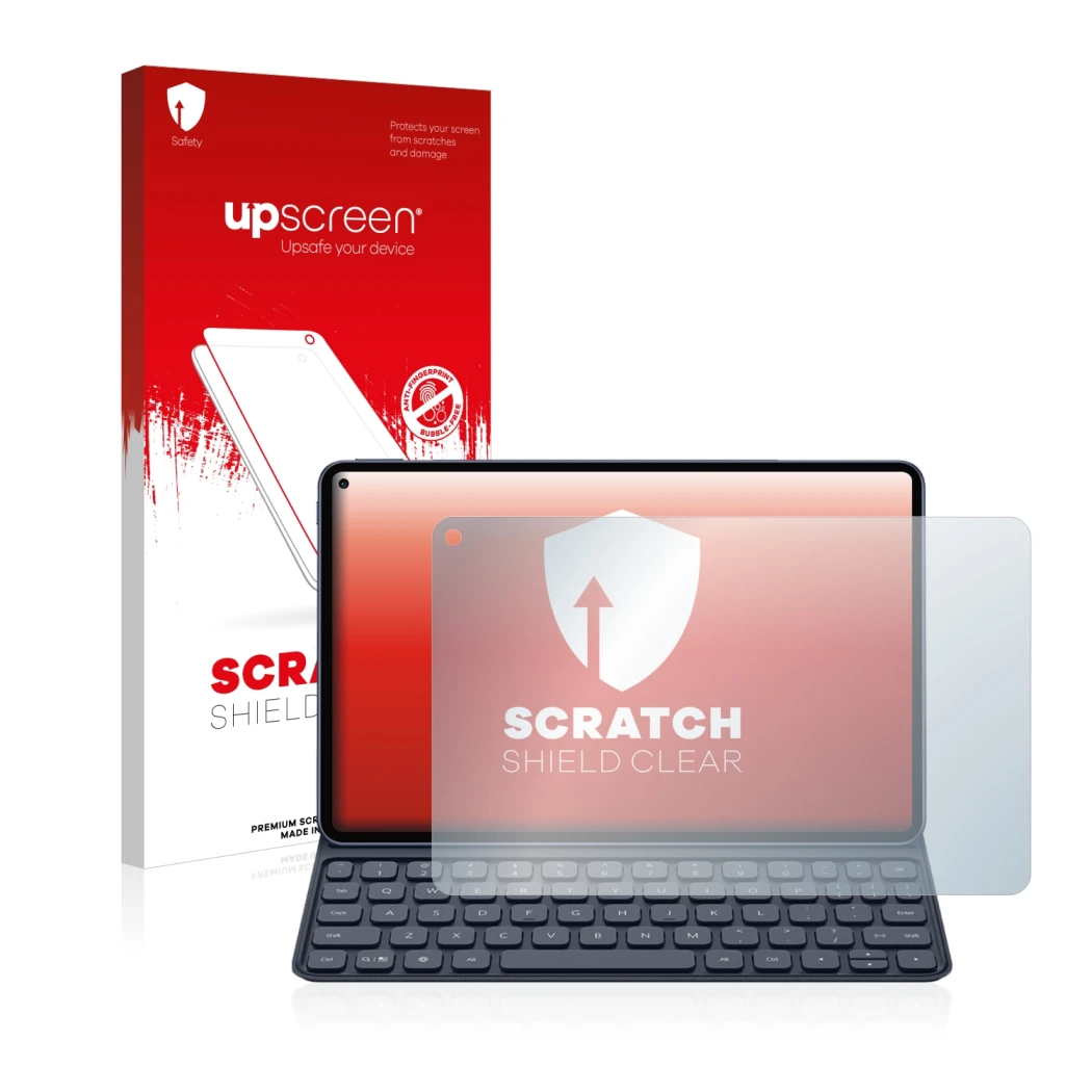 Parte frontale di una confezione del prodotto con il logo del marchio upscreen. Accanto è raffigurato il dispositivo Huawei Ma