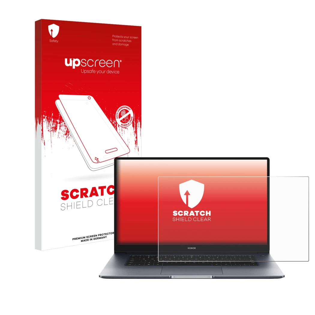 Parte frontale di una confezione del prodotto con il logo del marchio upscreen. Accanto è raffigurato il dispositivo Honor Mag