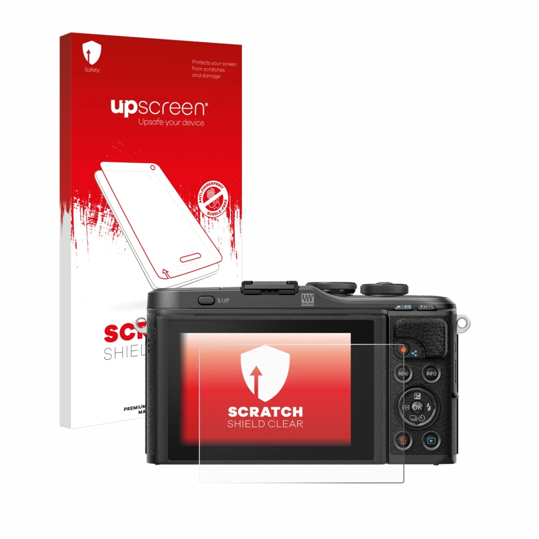 Parte frontale di una confezione del prodotto con il logo del marchio upscreen. Accanto è raffigurato il dispositivo Olympus P