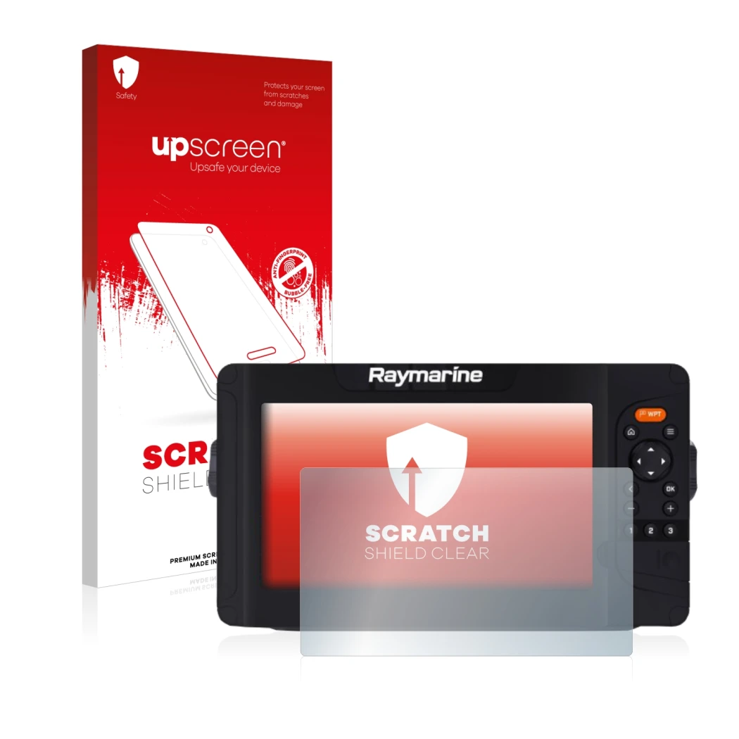Parte frontale di una confezione del prodotto con il logo del marchio upscreen. Accanto è raffigurato il dispositivo Raymarine