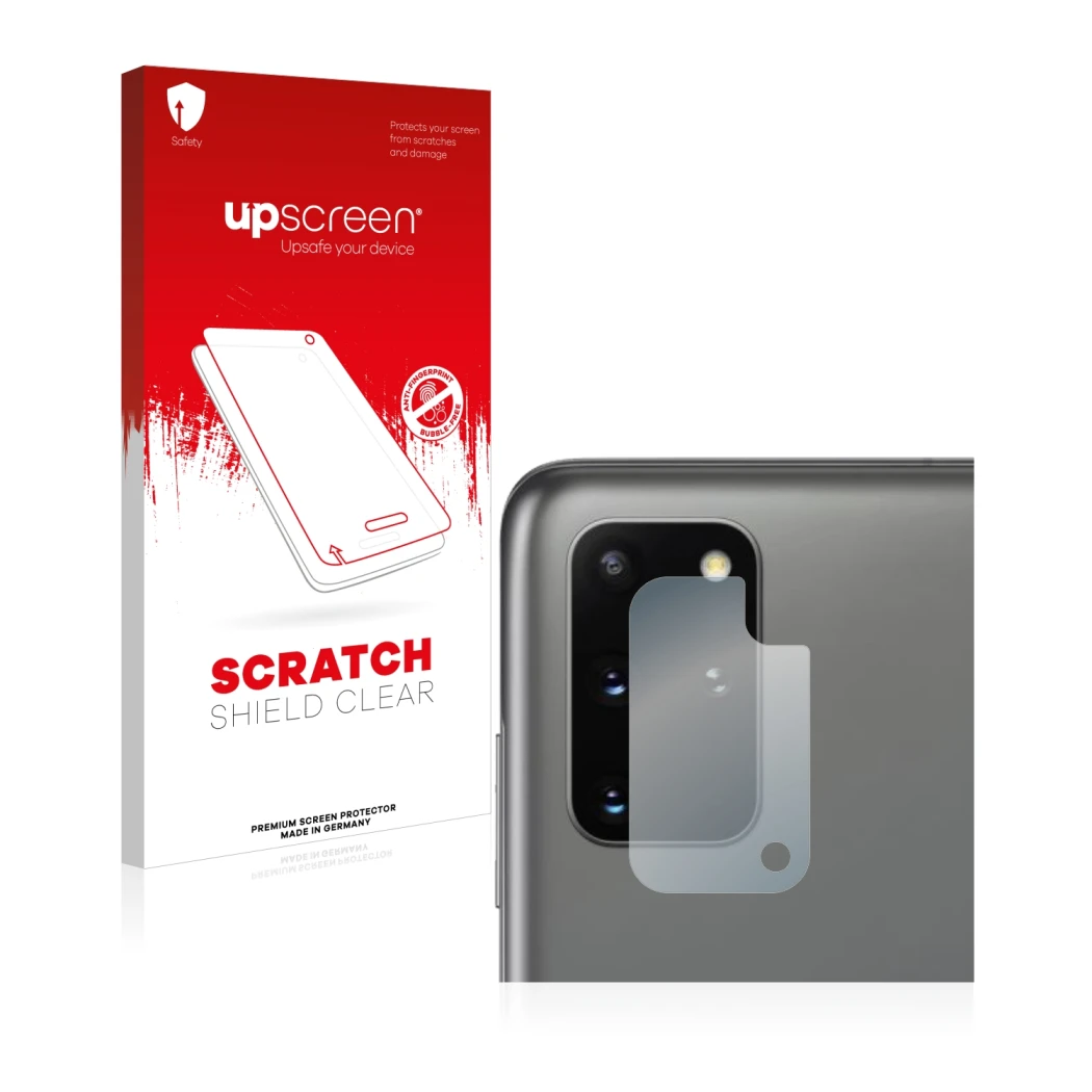 Parte frontale di una confezione del prodotto con il logo del marchio upscreen. Accanto è raffigurato il dispositivo Samsung G