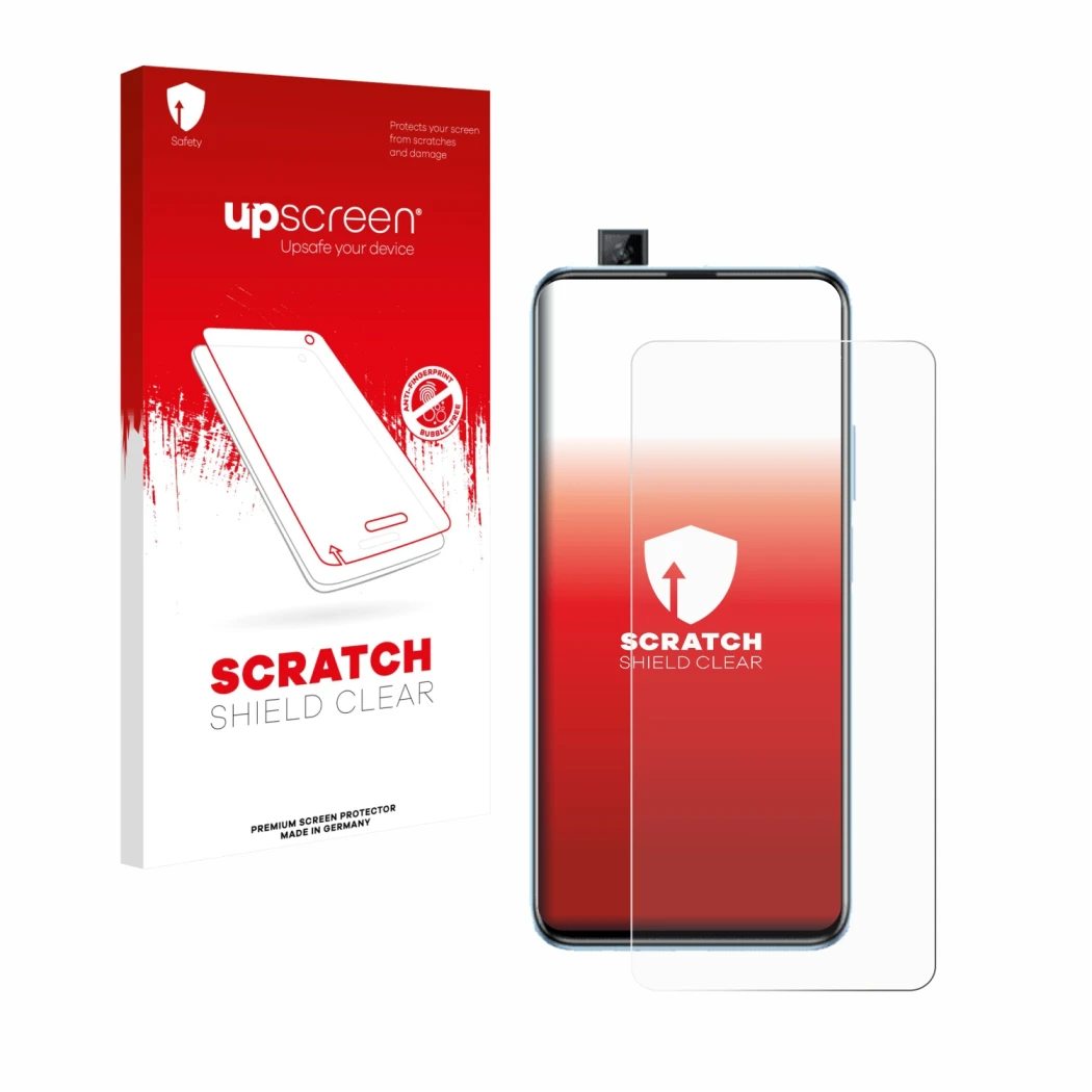Parte frontale di una confezione del prodotto con il logo del marchio upscreen. Accanto è raffigurato il dispositivo Huawei P 