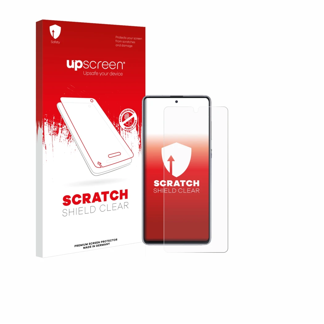 Parte frontale di una confezione del prodotto con il logo del marchio upscreen. Accanto è raffigurato il dispositivo Samsung G