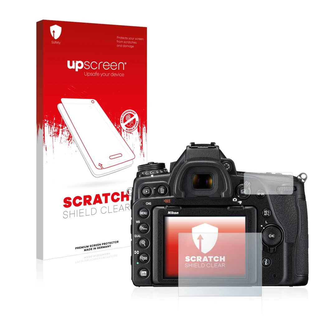 Parte frontale di una confezione del prodotto con il logo del marchio upscreen. Accanto è raffigurato il dispositivo Nikon D78