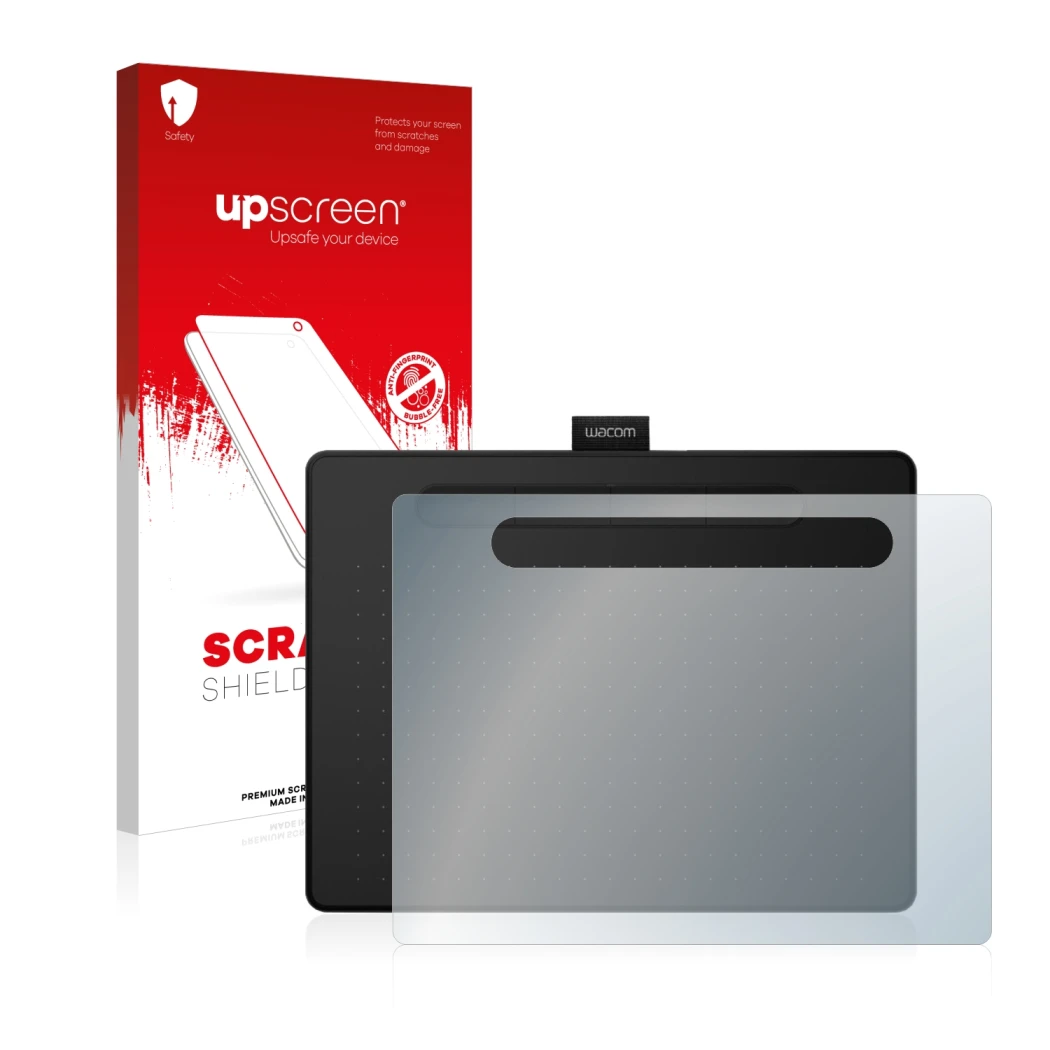 Parte frontale di una confezione del prodotto con il logo del marchio upscreen. Accanto è raffigurato il dispositivo Wacom Int