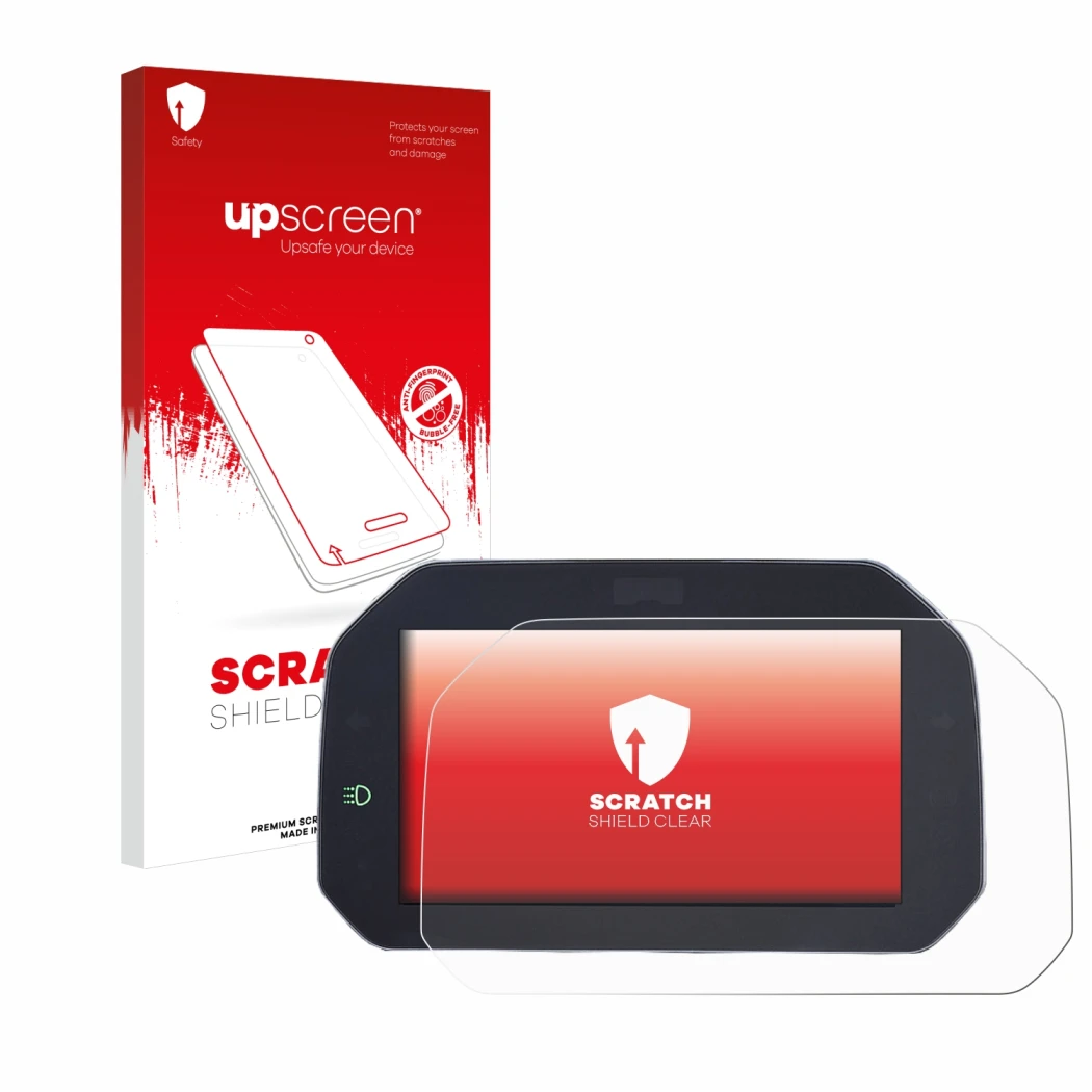 Parte frontale di una confezione del prodotto con il logo del marchio upscreen. Accanto è raffigurato il dispositivo BMW R1200