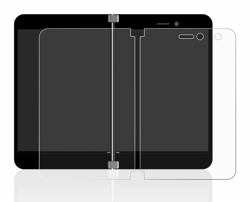 Immagine del dispositivo Microsoft Surface Duo con un'ampia varietà di protezioni per lo schermo.