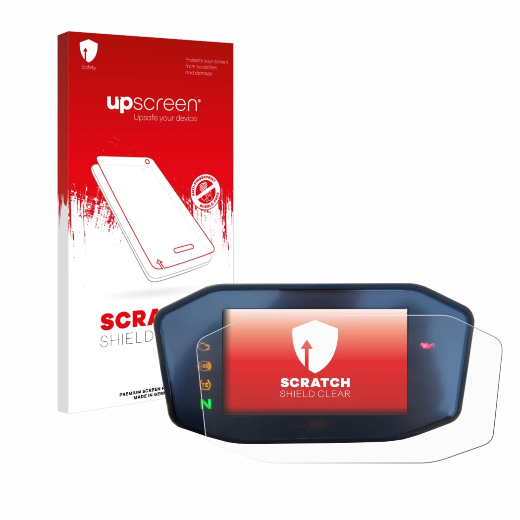 Parte frontale di una confezione del prodotto con il logo del marchio upscreen. Accanto è raffigurato il dispositivo KTM 890 D