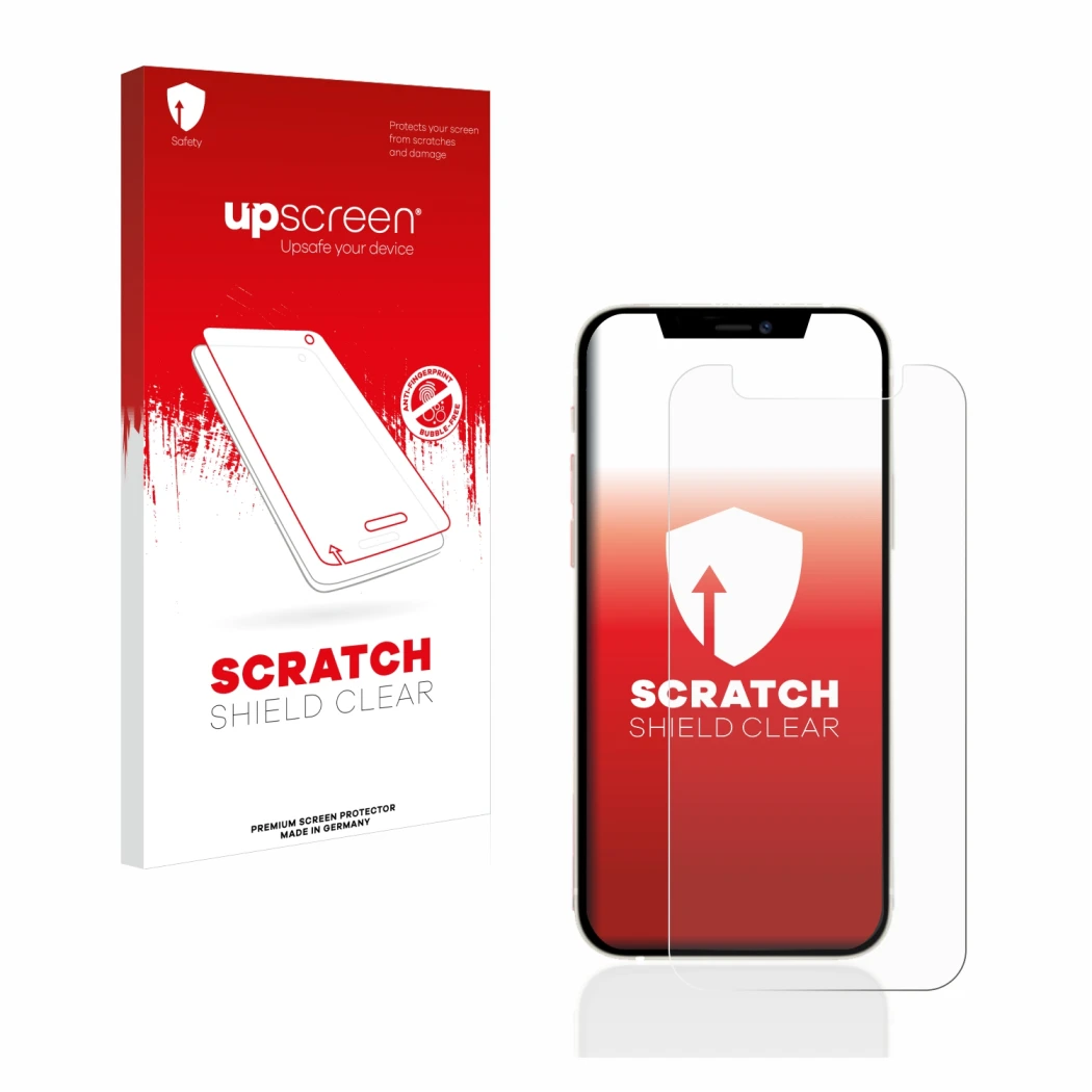 Parte frontale di una confezione del prodotto con il logo del marchio upscreen. Accanto è raffigurato il dispositivo Apple iPh