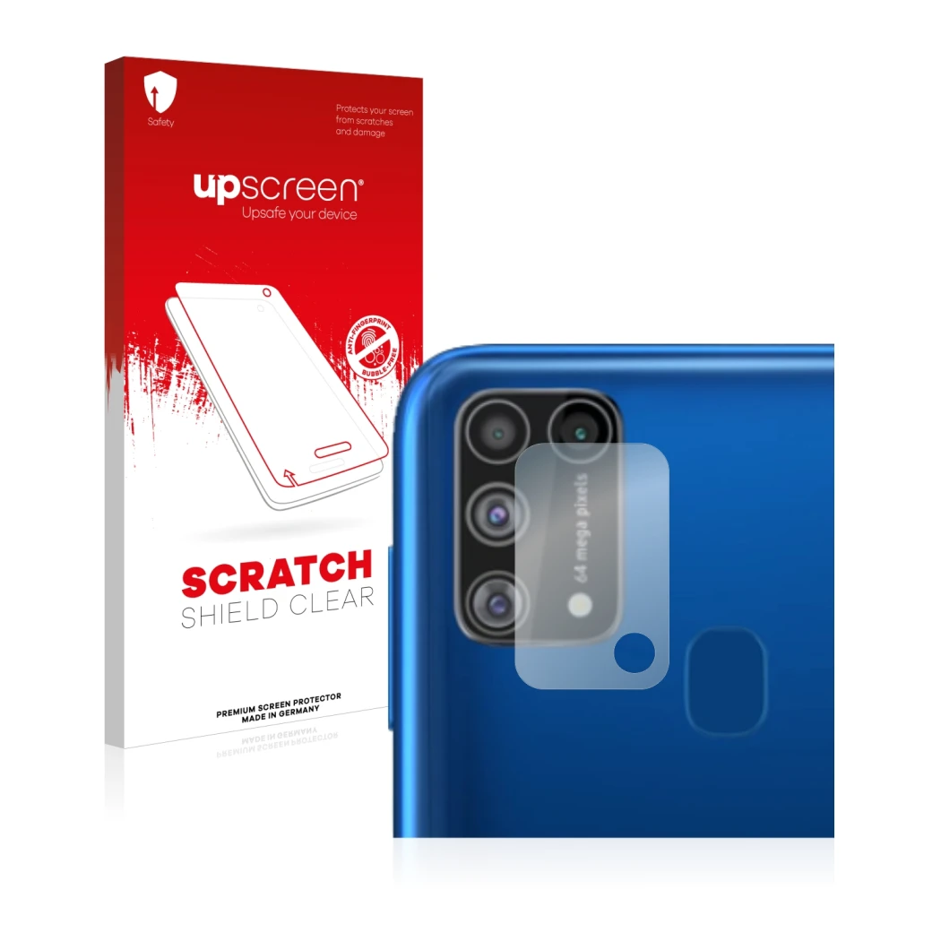 Parte frontale di una confezione del prodotto con il logo del marchio upscreen. Accanto è raffigurato il dispositivo Samsung G