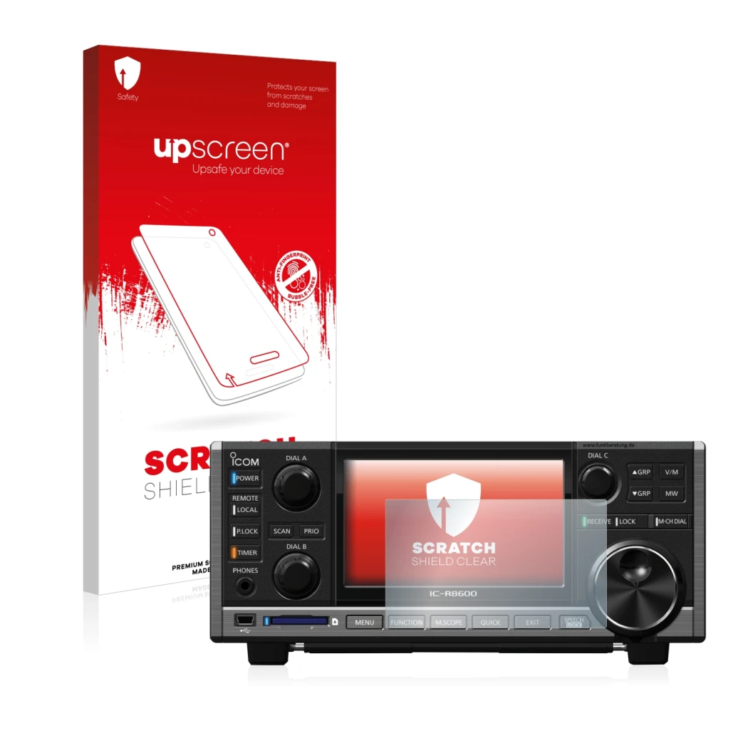 Parte frontale di una confezione del prodotto con il logo del marchio upscreen. Accanto è raffigurato il dispositivo Icom IC-R