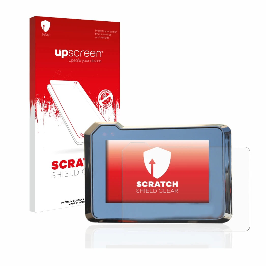 Parte frontale di una confezione del prodotto con il logo del marchio upscreen. Accanto è raffigurato il dispositivo KTM 1290 