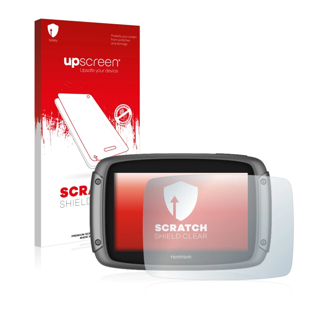 Parte frontale di una confezione del prodotto con il logo del marchio upscreen. Accanto è raffigurato il dispositivo TomTom Ri