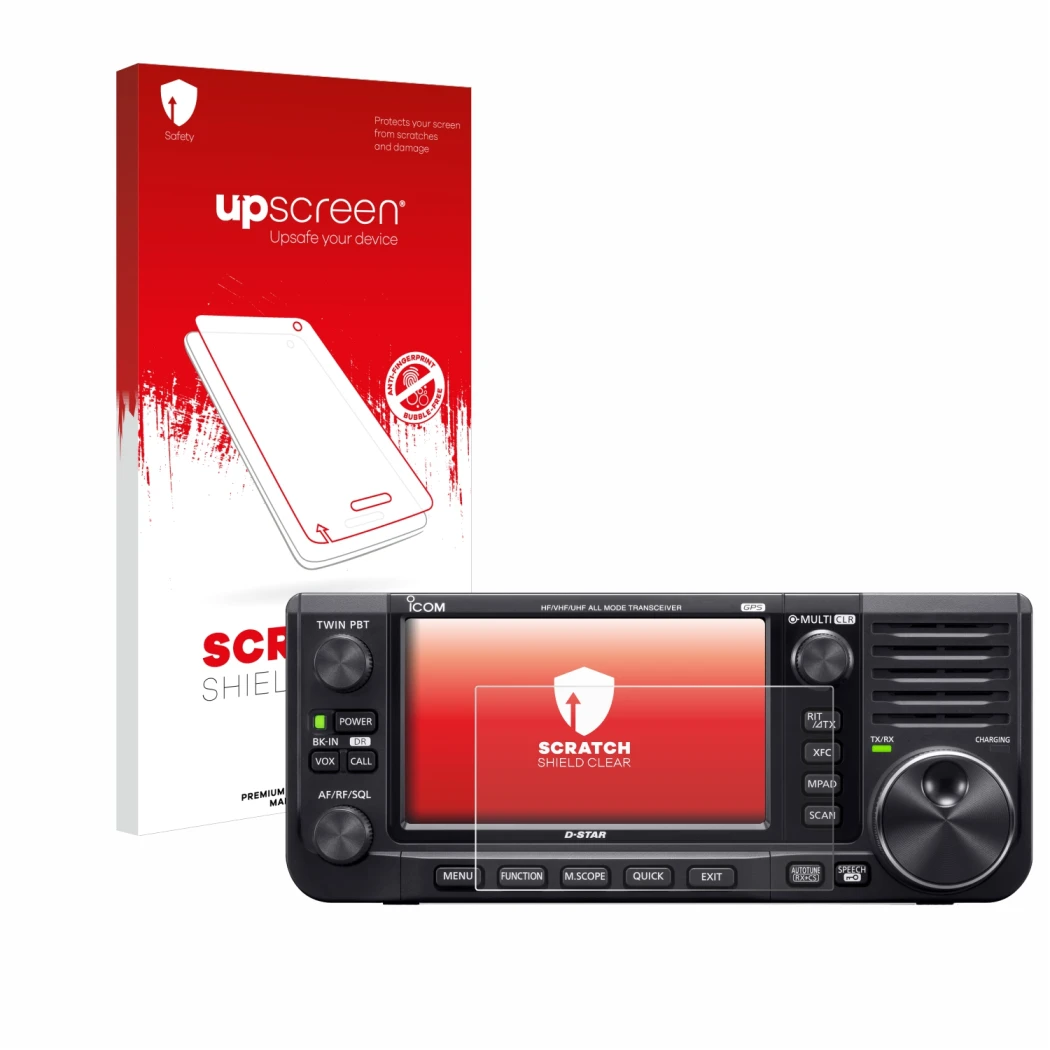 Parte frontale di una confezione del prodotto con il logo del marchio upscreen. Accanto è raffigurato il dispositivo Icom IC-7