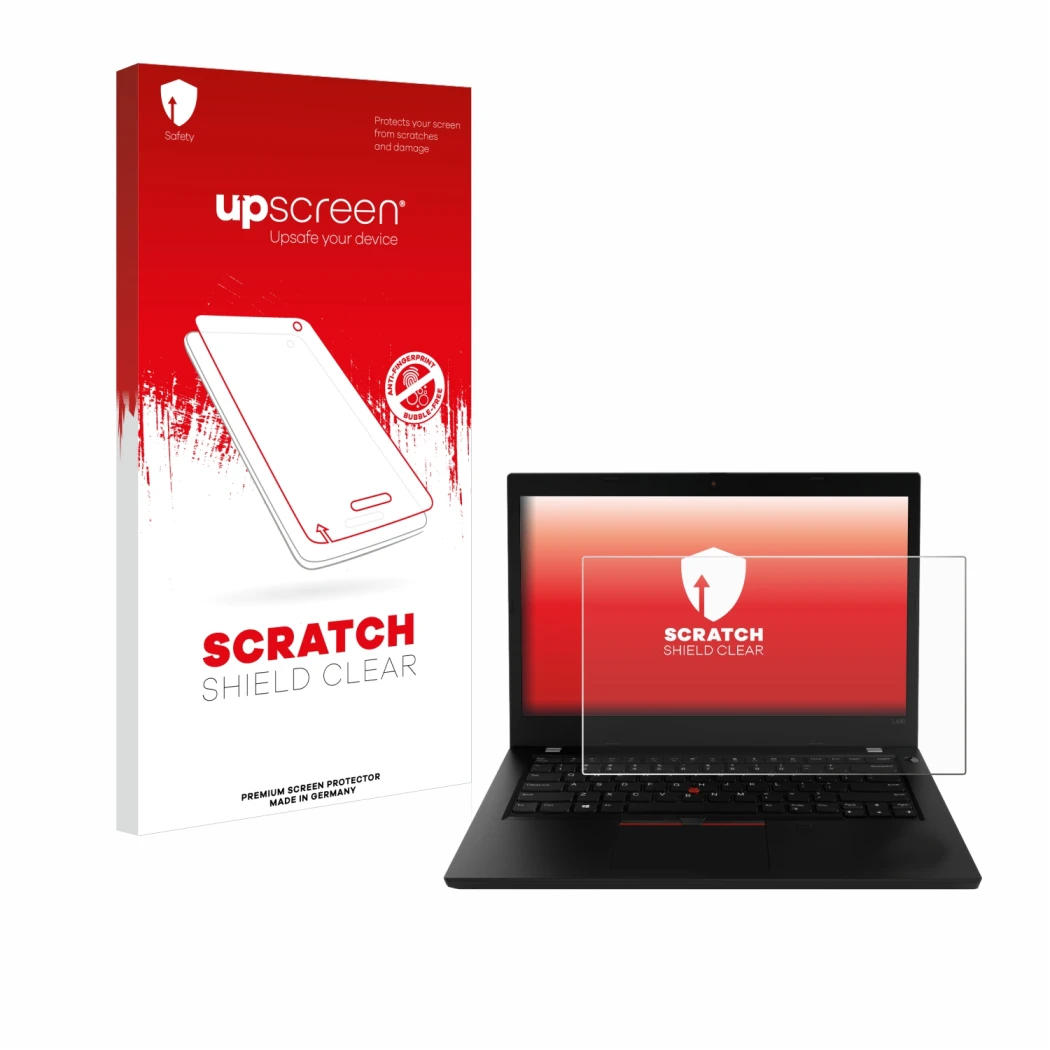 Parte frontale di una confezione del prodotto con il logo del marchio upscreen. Accanto è raffigurato il dispositivo Lenovo Th