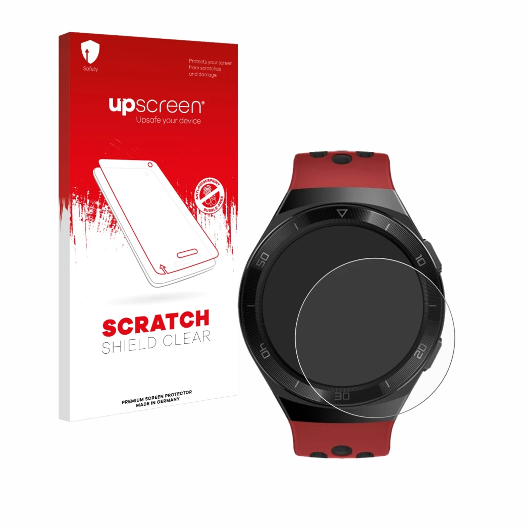 Parte frontale di una confezione del prodotto con il logo del marchio upscreen. Accanto è raffigurato il dispositivo Huawei Wa