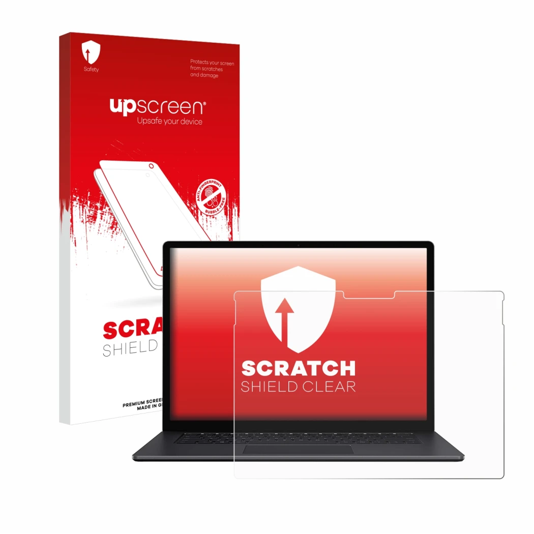 Parte frontale di una confezione del prodotto con il logo del marchio upscreen. Accanto è raffigurato il dispositivo Microsoft