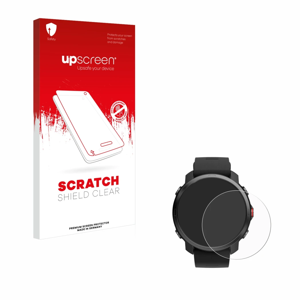 Parte frontale di una confezione del prodotto con il logo del marchio upscreen. Accanto è raffigurato il dispositivo Polar Gri