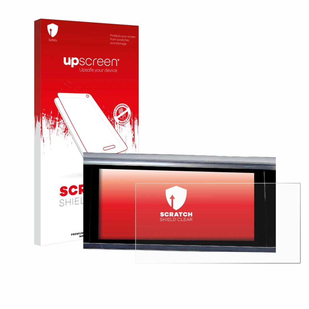 Parte frontale di una confezione del prodotto con il logo del marchio upscreen. Accanto è raffigurato il dispositivo Audi A6 2