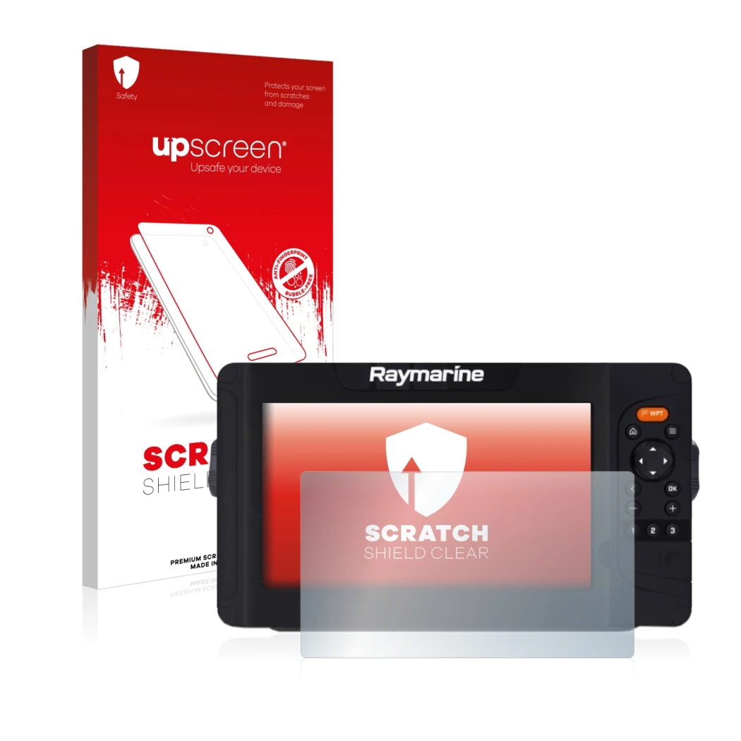 Parte frontale di una confezione del prodotto con il logo del marchio upscreen. Accanto è raffigurato il dispositivo Raymarine