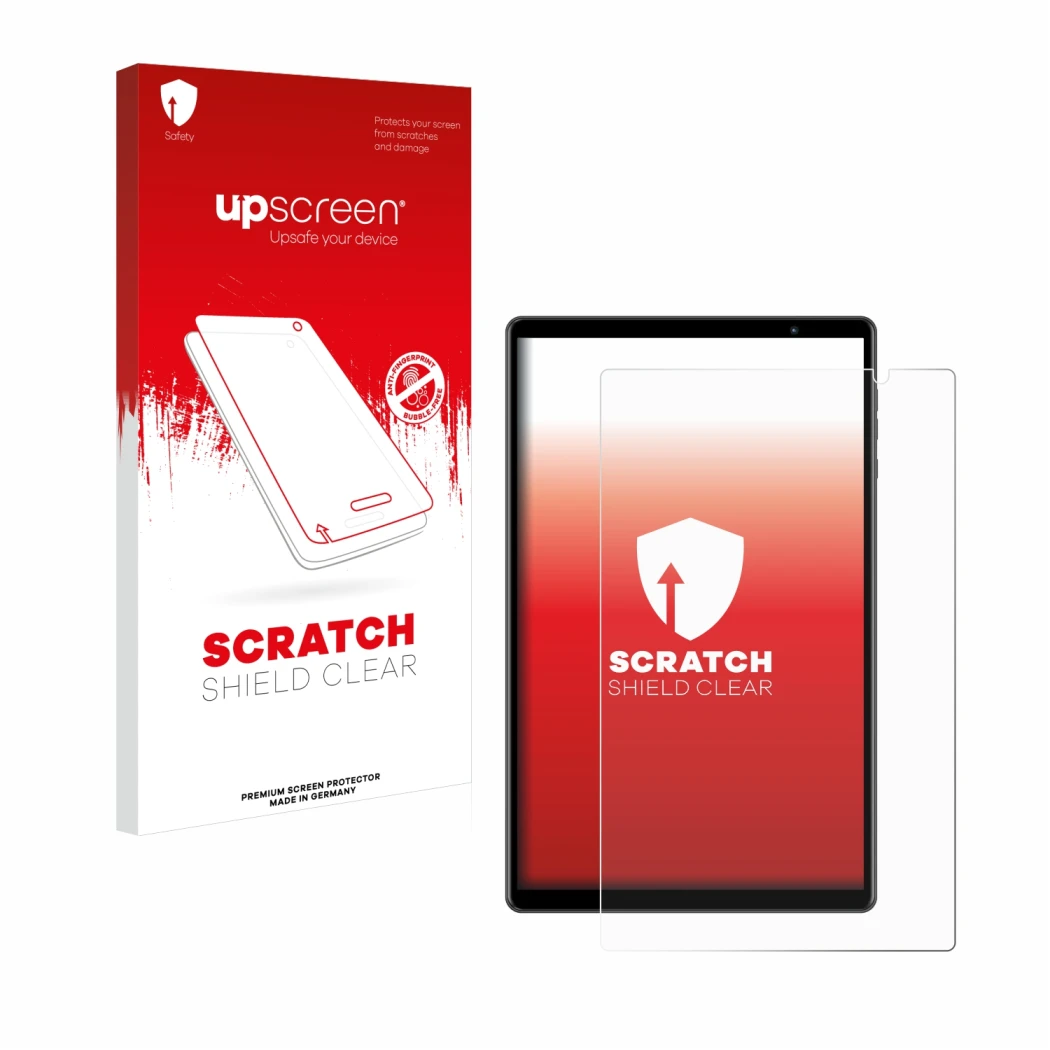 Parte frontale di una confezione del prodotto con il logo del marchio upscreen. Accanto è raffigurato il dispositivo Teclast P