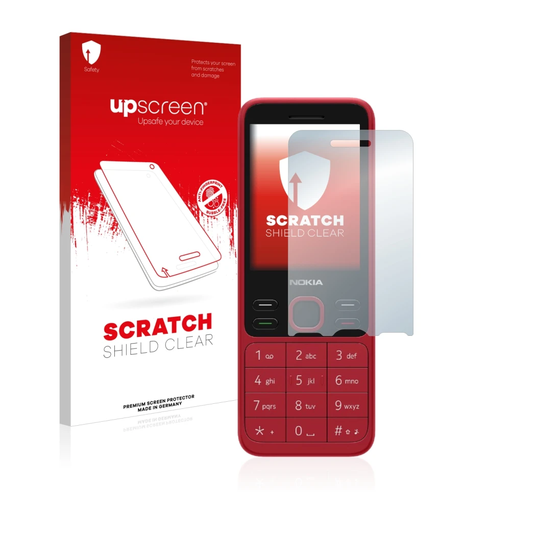 Parte frontale di una confezione del prodotto con il logo del marchio upscreen. Accanto è raffigurato il dispositivo Nokia 150
