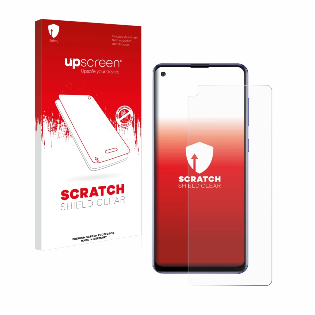Parte frontale di una confezione del prodotto con il logo del marchio upscreen. Accanto è raffigurato il dispositivo Samsung G