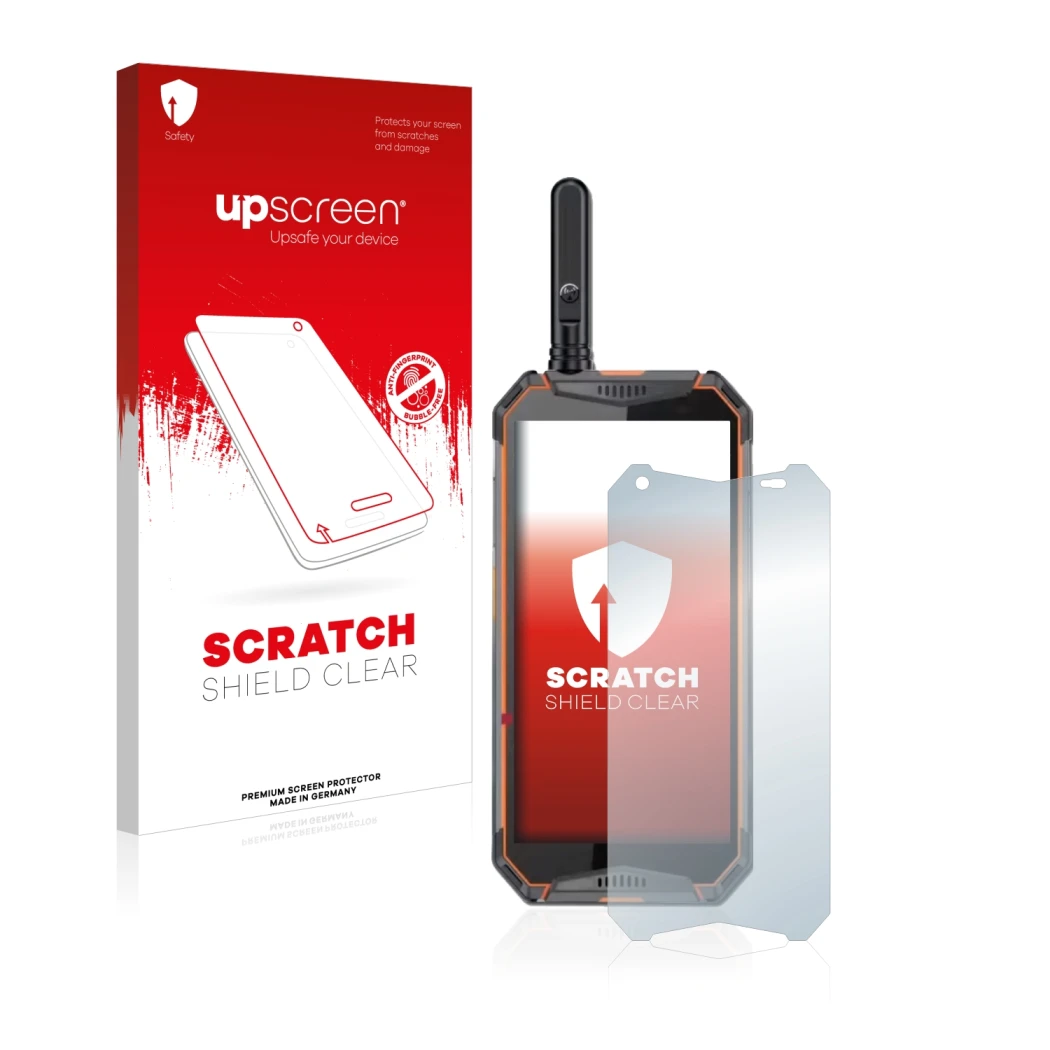 Parte frontale di una confezione del prodotto con il logo del marchio upscreen. Accanto è raffigurato il dispositivo Ulefone A