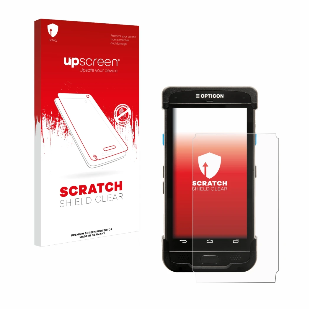 Parte frontale di una confezione del prodotto con il logo del marchio upscreen. Accanto è raffigurato il dispositivo Opticon H