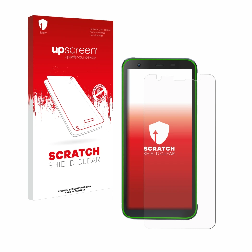 Parte frontale di una confezione del prodotto con il logo del marchio upscreen. Accanto è raffigurato il dispositivo Blackview