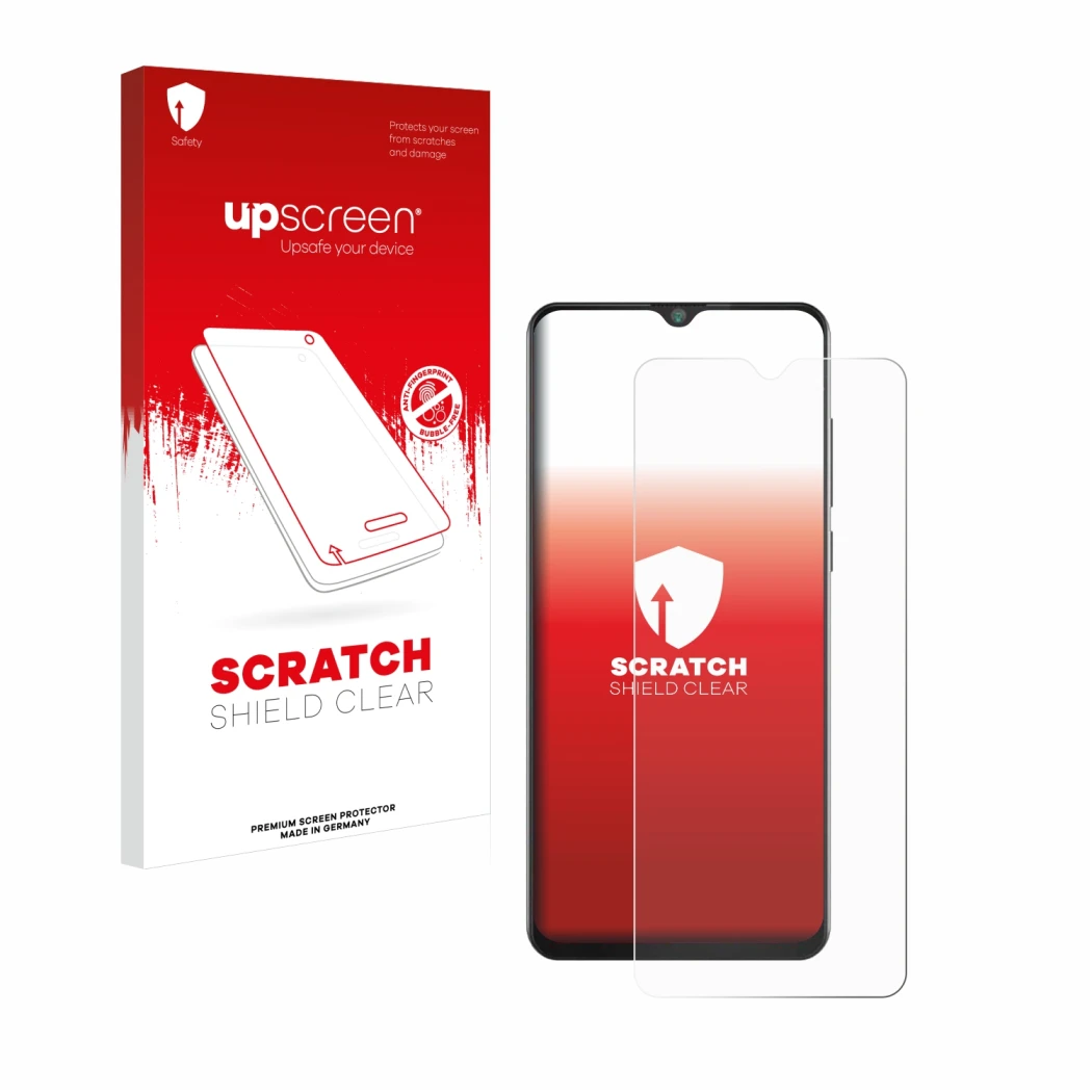 Parte frontale di una confezione del prodotto con il logo del marchio upscreen. Accanto è raffigurato il dispositivo Cubot Not
