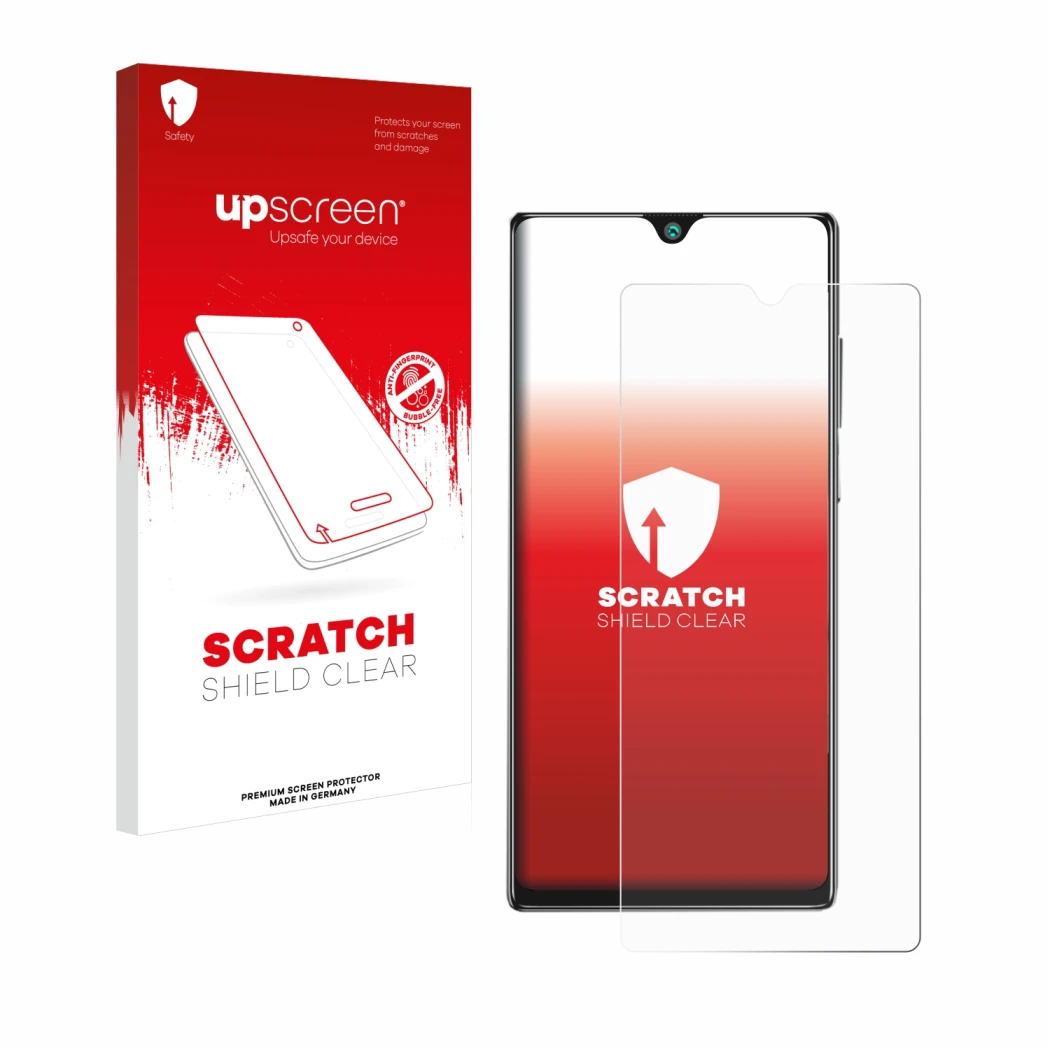 Parte frontale di una confezione del prodotto con il logo del marchio upscreen. Accanto è raffigurato il dispositivo Cubot P40