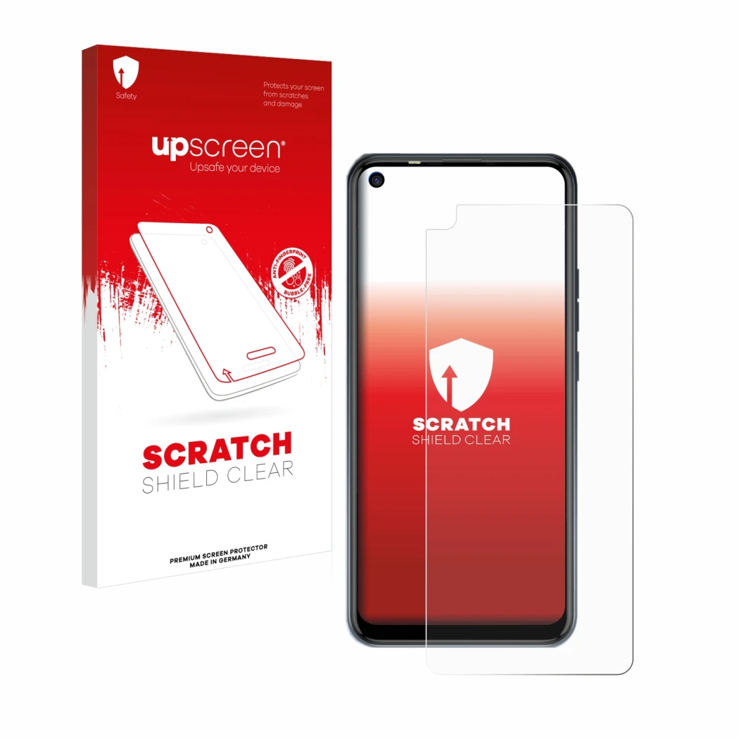 Parte frontale di una confezione del prodotto con il logo del marchio upscreen. Accanto è raffigurato il dispositivo Tecno Spa