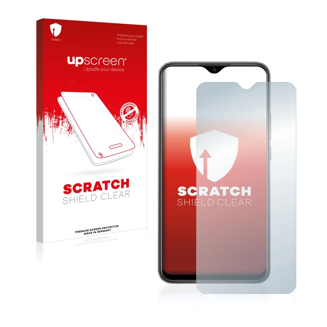 Parte frontale di una confezione del prodotto con il logo del marchio upscreen. Accanto è raffigurato il dispositivo Xiaomi Re
