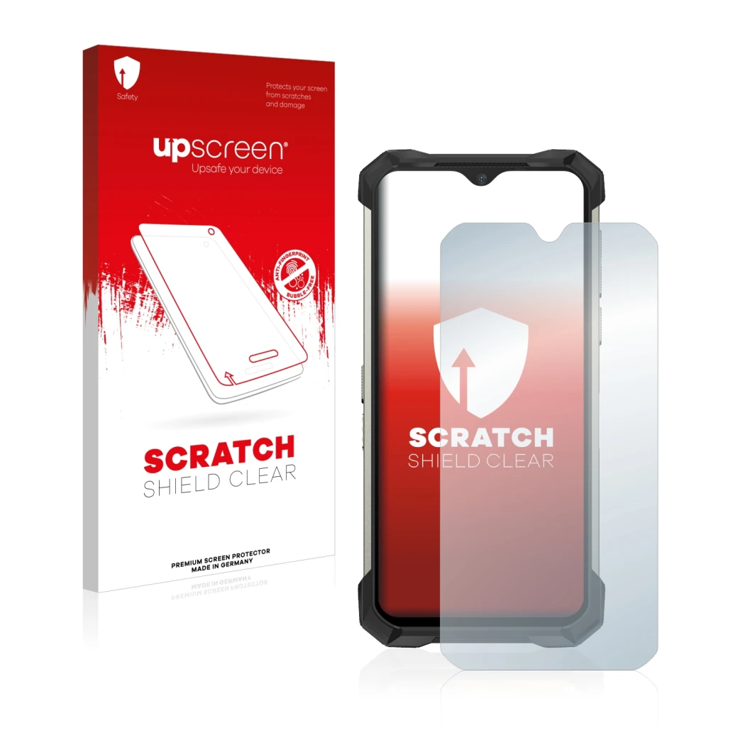 Parte frontale di una confezione del prodotto con il logo del marchio upscreen. Accanto è raffigurato il dispositivo Doogee S8