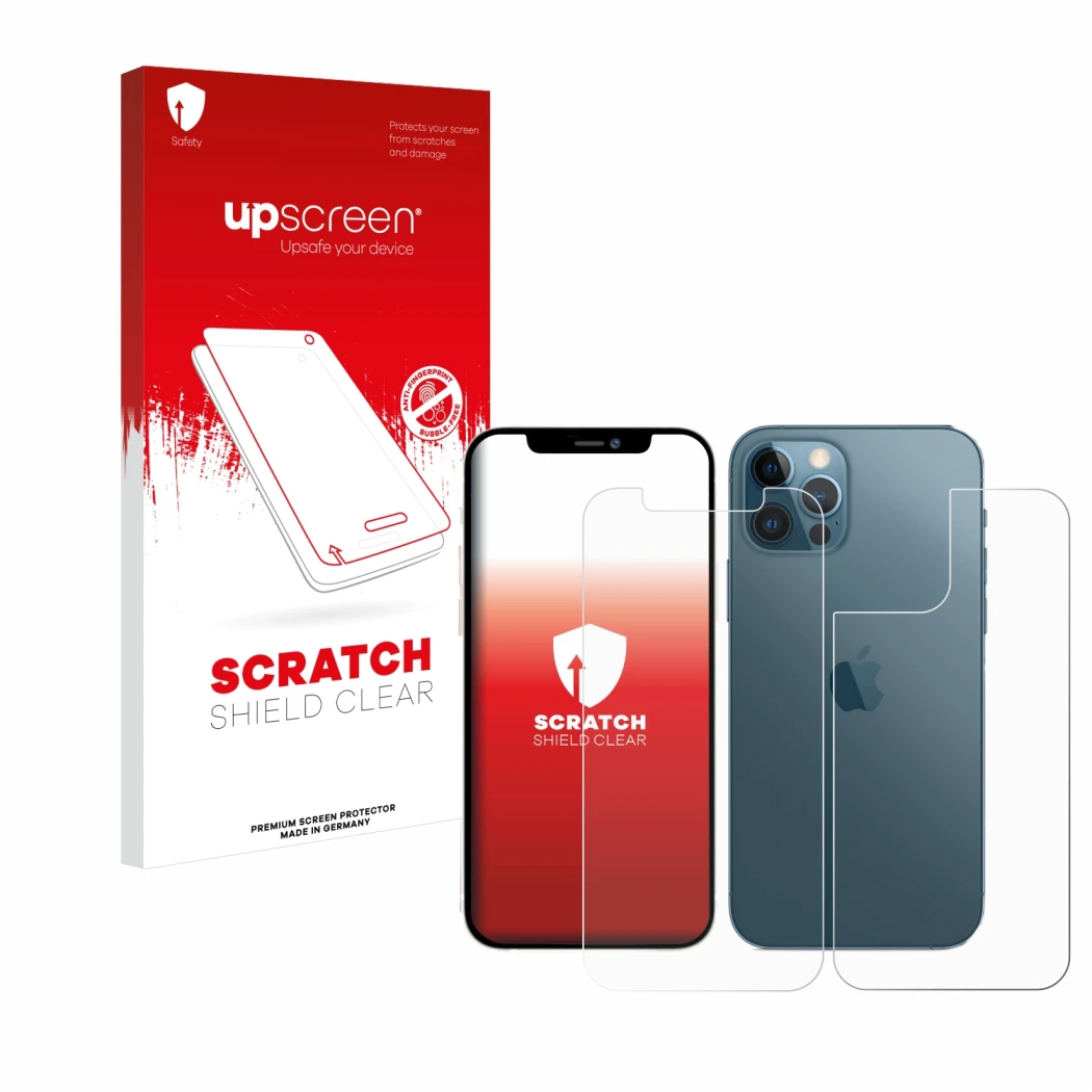 Parte frontale di una confezione del prodotto con il logo del marchio upscreen. Accanto è raffigurato il dispositivo Apple iPh