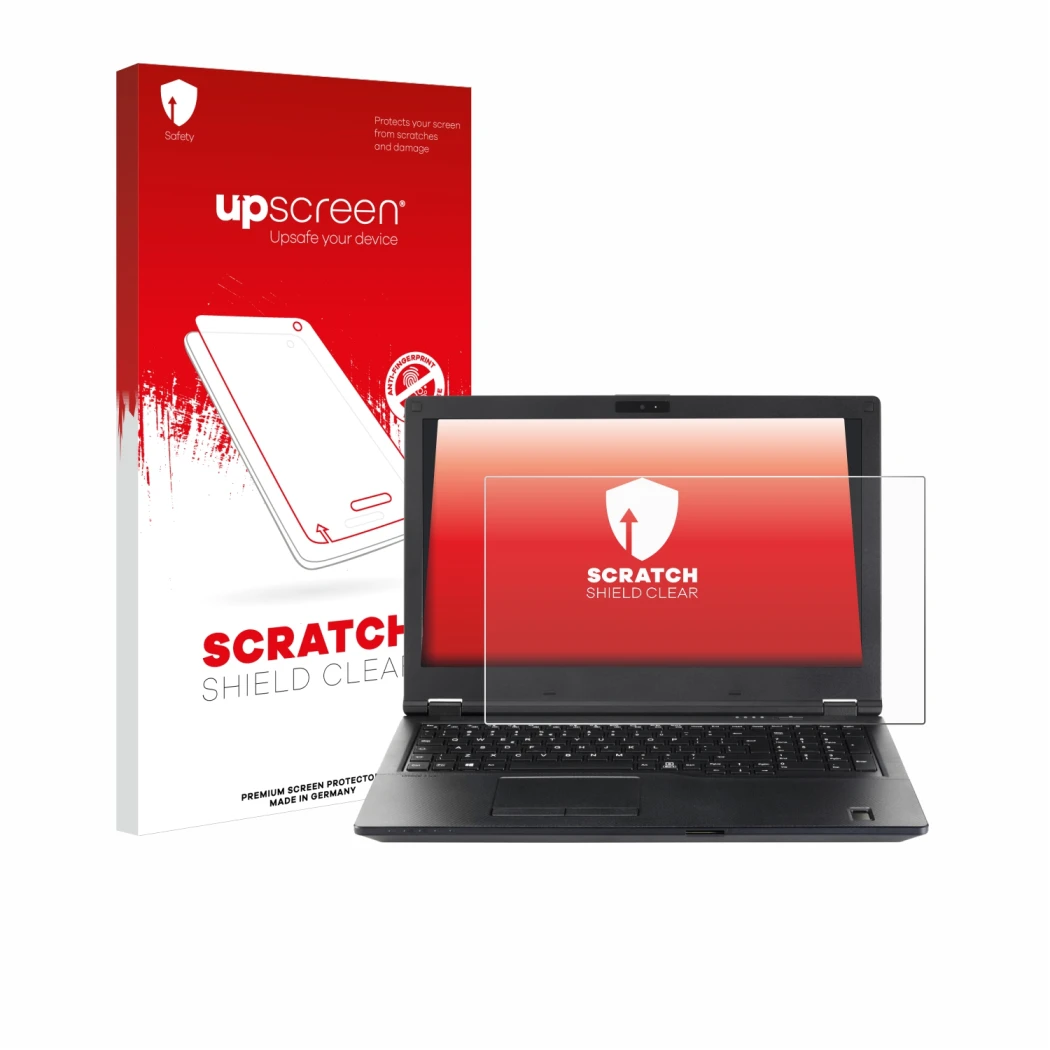 Parte frontale di una confezione del prodotto con il logo del marchio upscreen. Accanto è raffigurato il dispositivo Fujitsu L