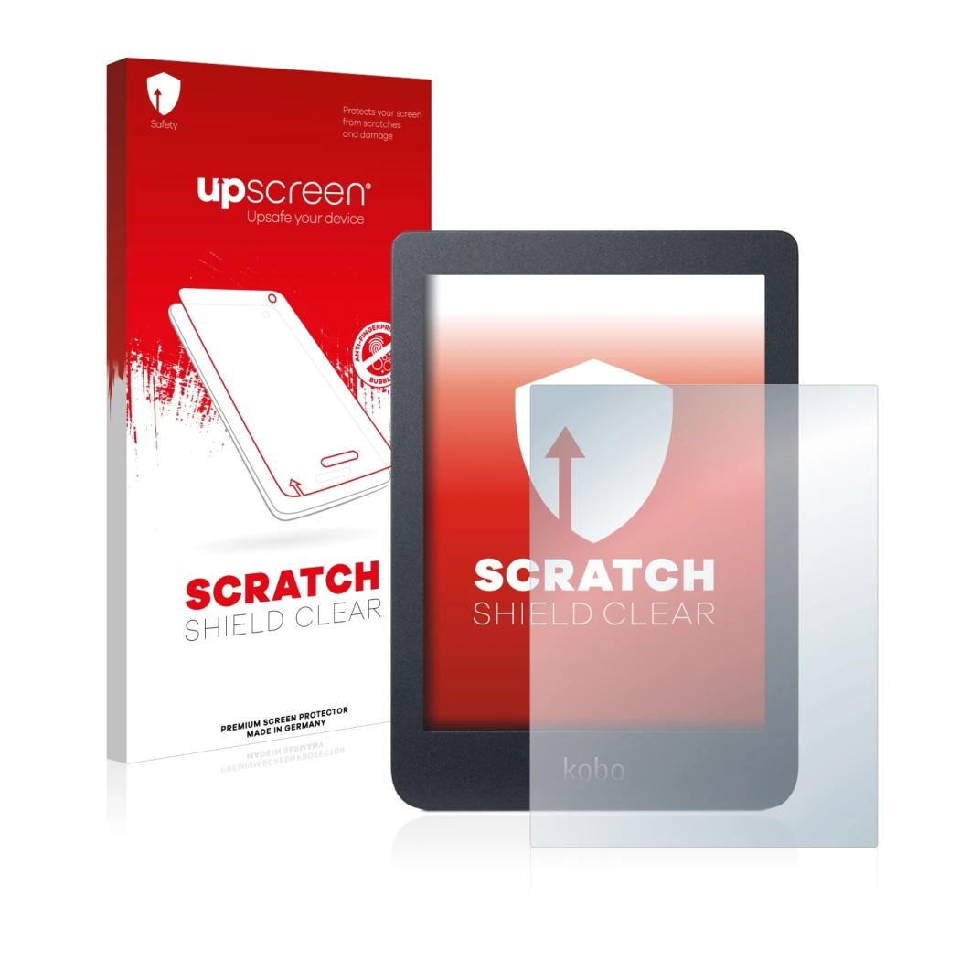 Parte frontale di una confezione del prodotto con il logo del marchio upscreen. Accanto è raffigurato il dispositivo Kobo Nia