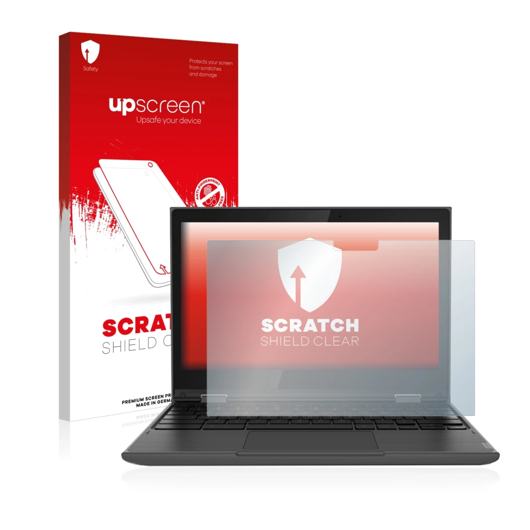 Parte frontale di una confezione del prodotto con il logo del marchio upscreen. Accanto è raffigurato il dispositivo Lenovo 30