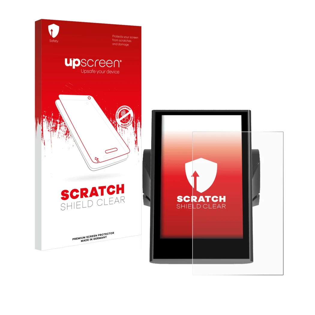 Parte frontale di una confezione del prodotto con il logo del marchio upscreen. Accanto è raffigurato il dispositivo Bafang DP