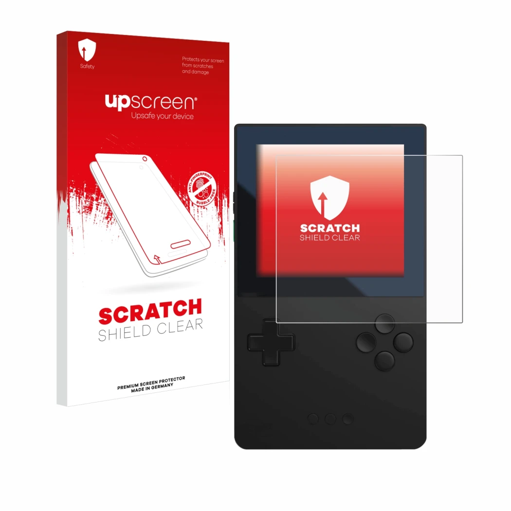 Parte frontale di una confezione del prodotto con il logo del marchio upscreen. Accanto è raffigurato il dispositivo Analogue 