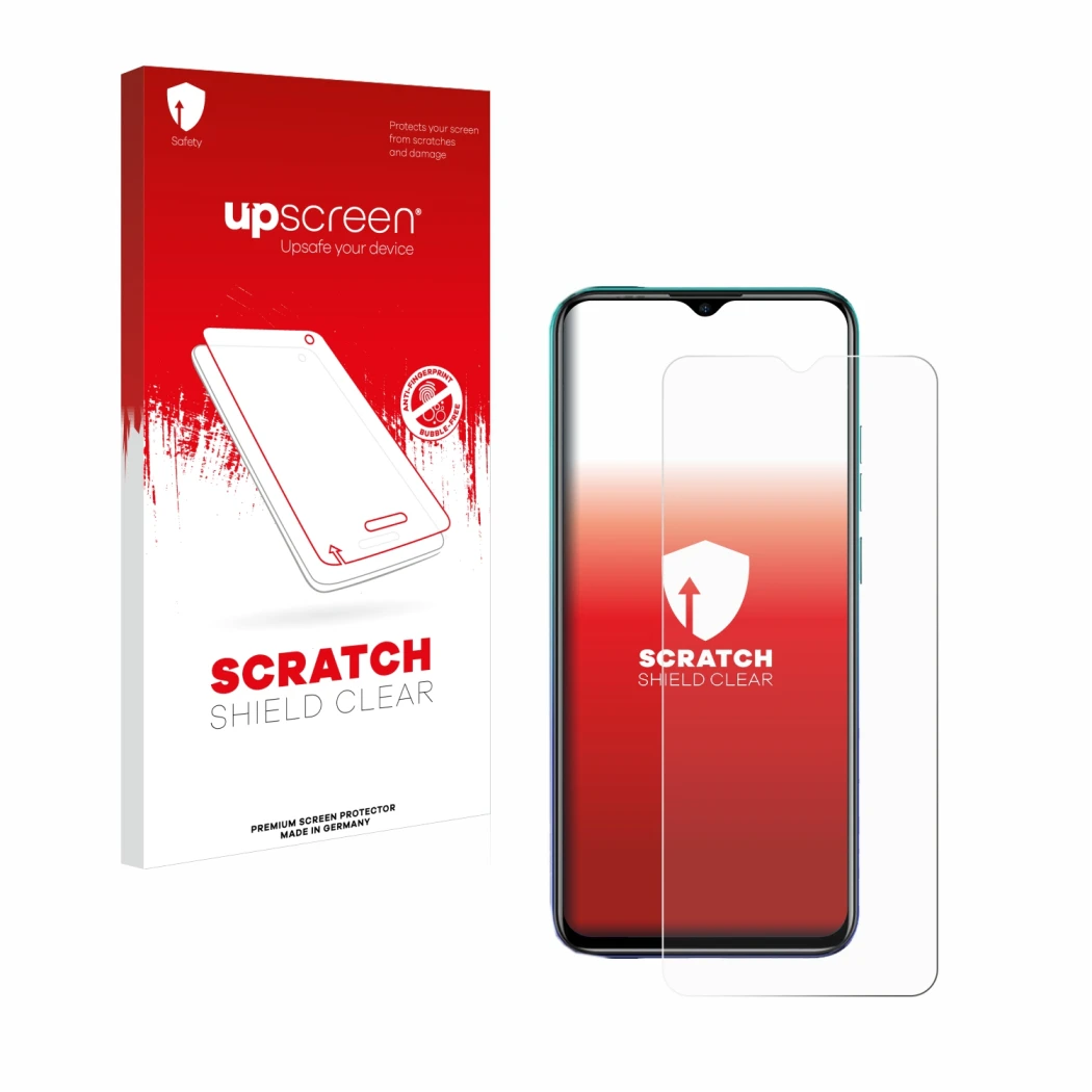 Parte frontale di una confezione del prodotto con il logo del marchio upscreen. Accanto è raffigurato il dispositivo Ulefone N