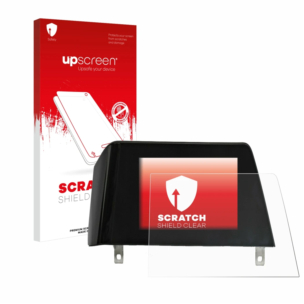 Parte frontale di una confezione del prodotto con il logo del marchio upscreen. Accanto è raffigurato il dispositivo BMW 3 G21