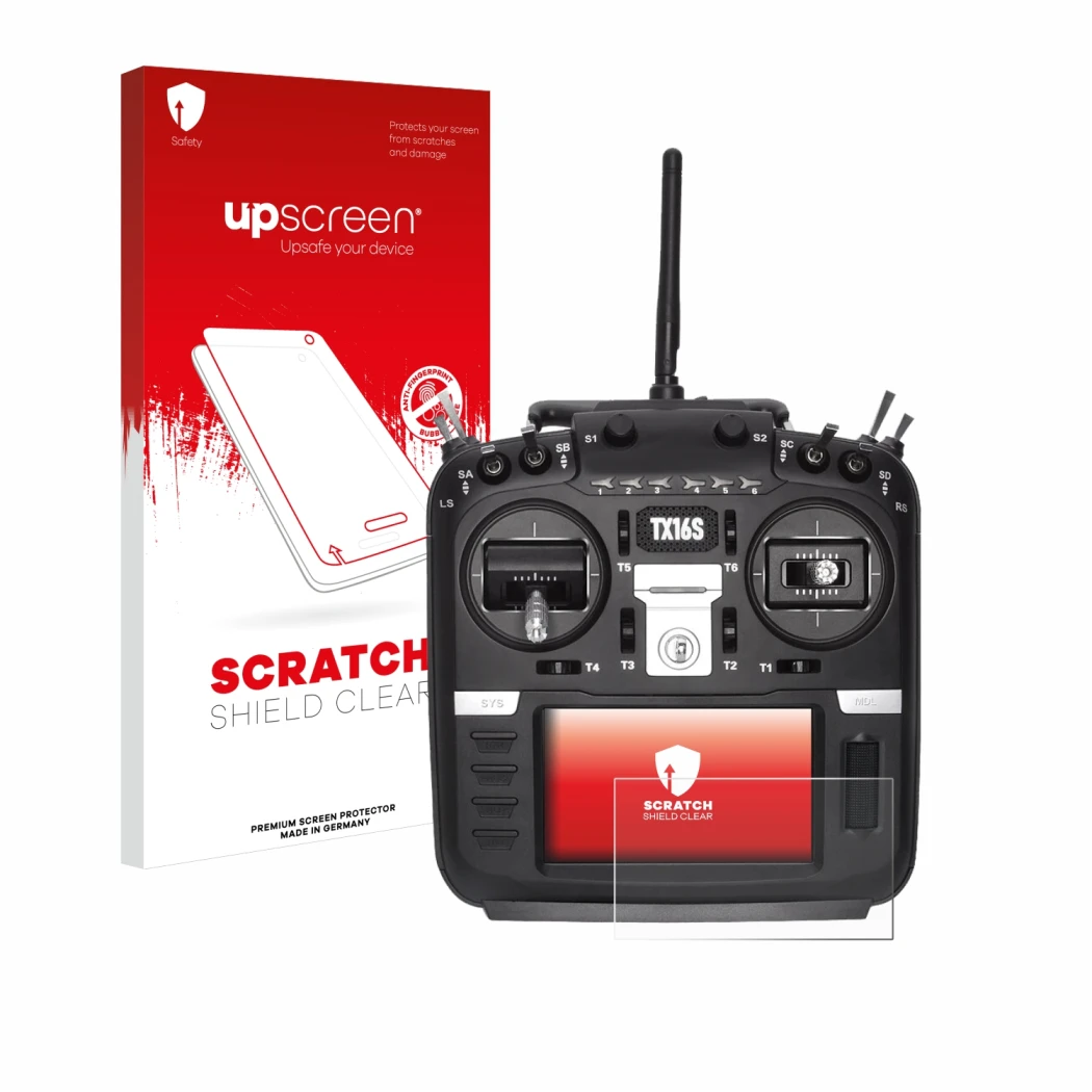 Parte frontale di una confezione del prodotto con il logo del marchio upscreen. Accanto è raffigurato il dispositivo Radiomast