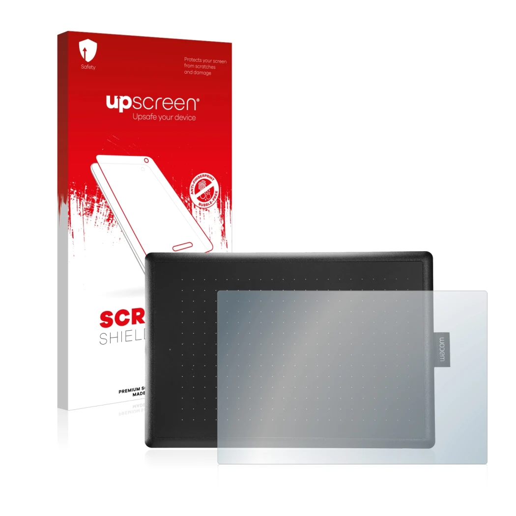 Parte frontale di una confezione del prodotto con il logo del marchio upscreen. Accanto è raffigurato il dispositivo Wacom One