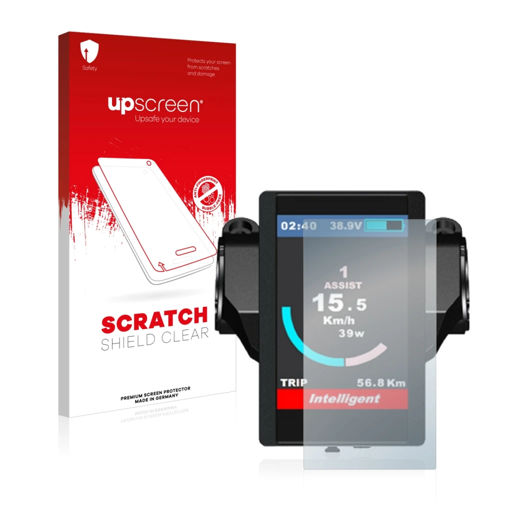 Parte frontale di una confezione del prodotto con il logo del marchio upscreen. Accanto è raffigurato il dispositivo Bafang 85