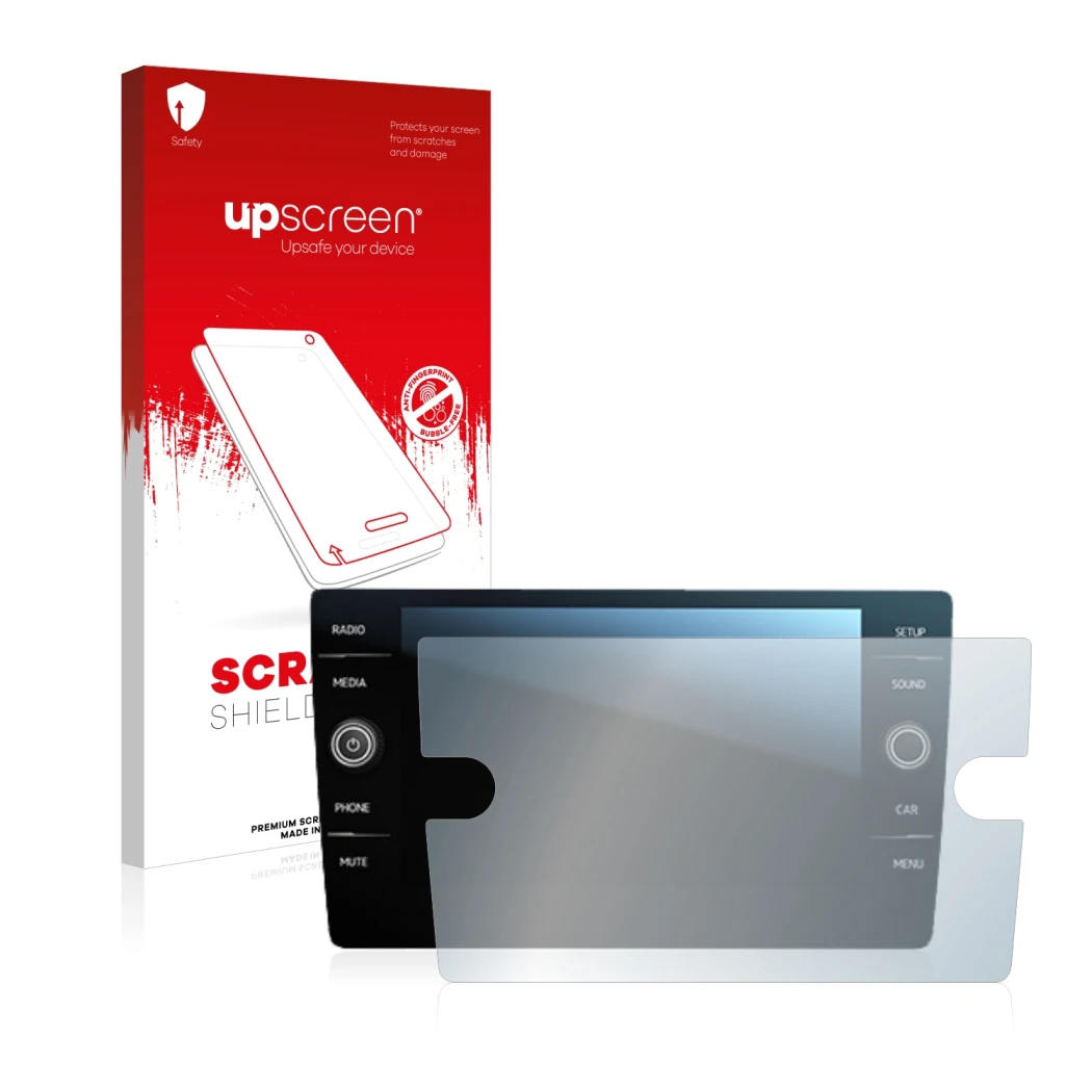 Parte frontale di una confezione del prodotto con il logo del marchio upscreen. Accanto è raffigurato il dispositivo Volkswage